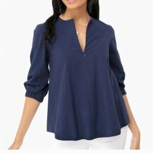 Tuckernuck Pomander Place Navy Seersucker Kieran Zip Detail Blouse Size Lg NWOT